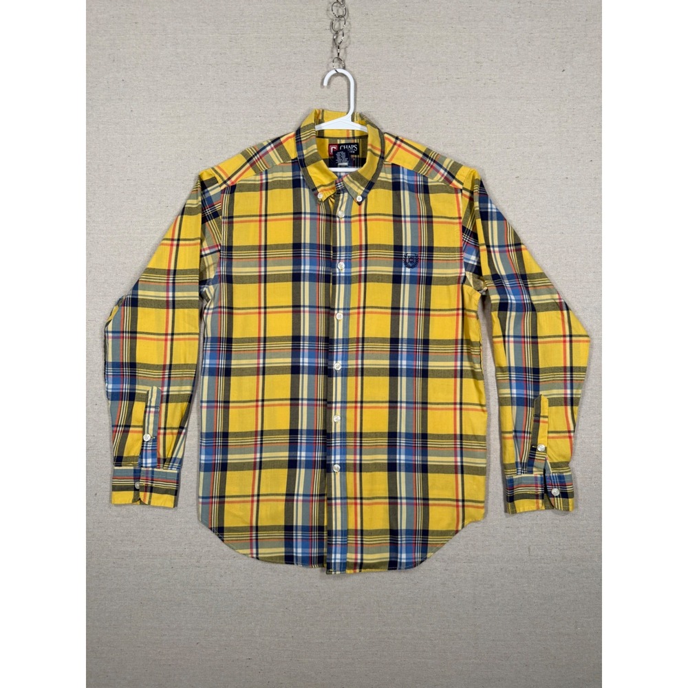 Chaps Boys Yellow Blue Plaid Long Sleeve Button Down Shirt Size L 14-16